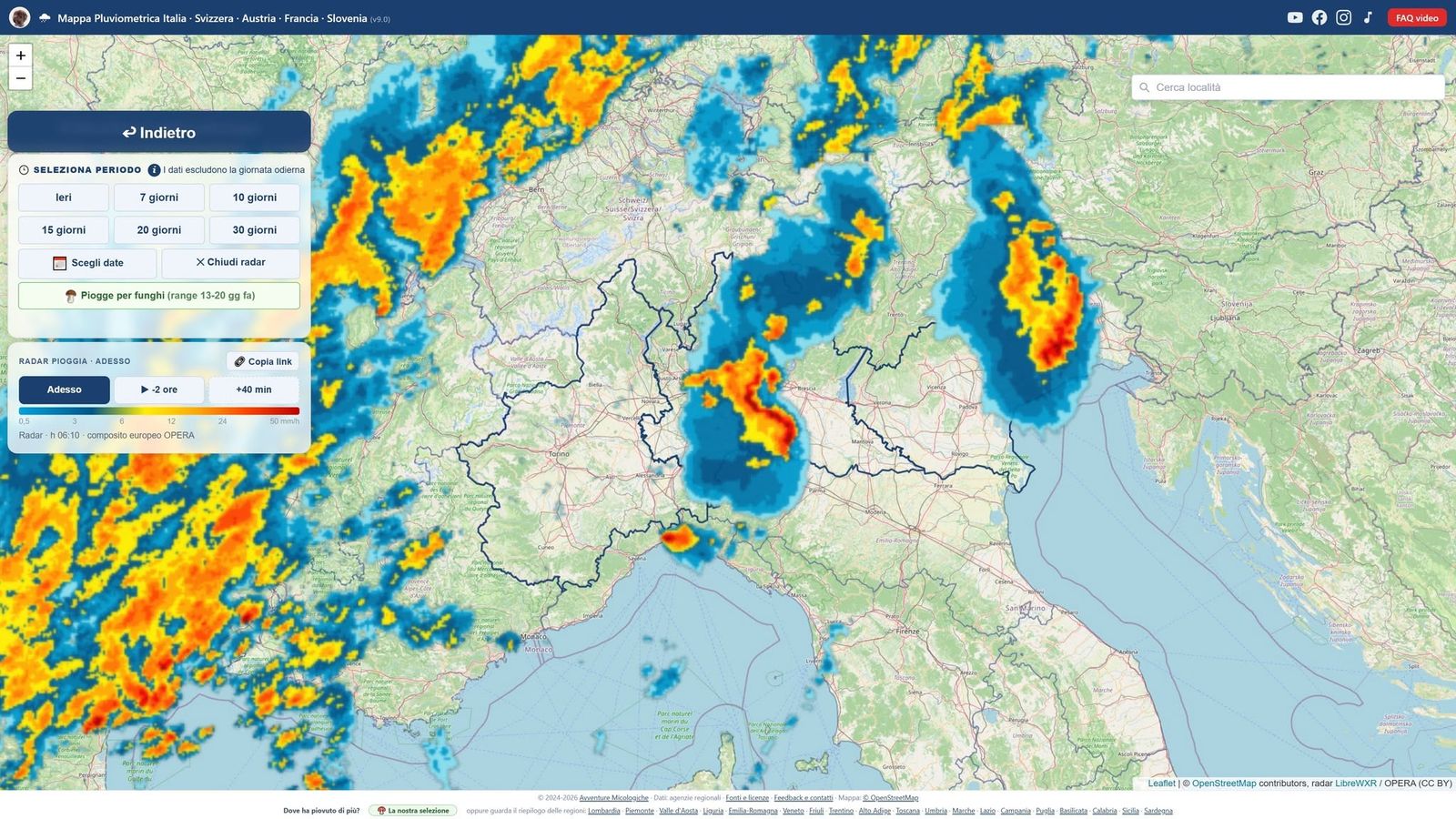 Diretta radar della pioggia sulla mappa pluviometrica