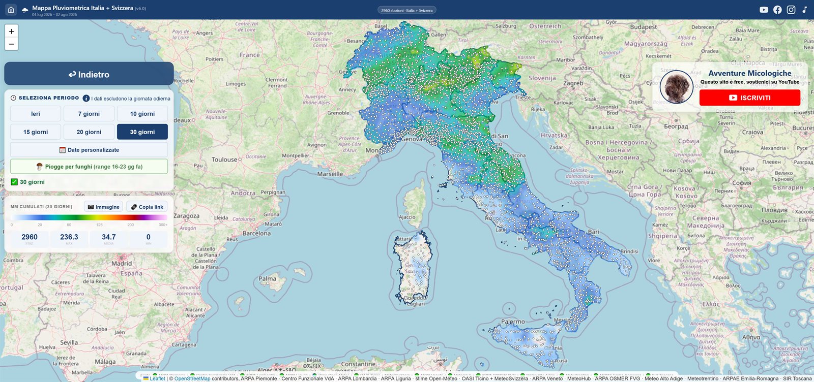 Mappa pluviometrica Italia e Svizzera