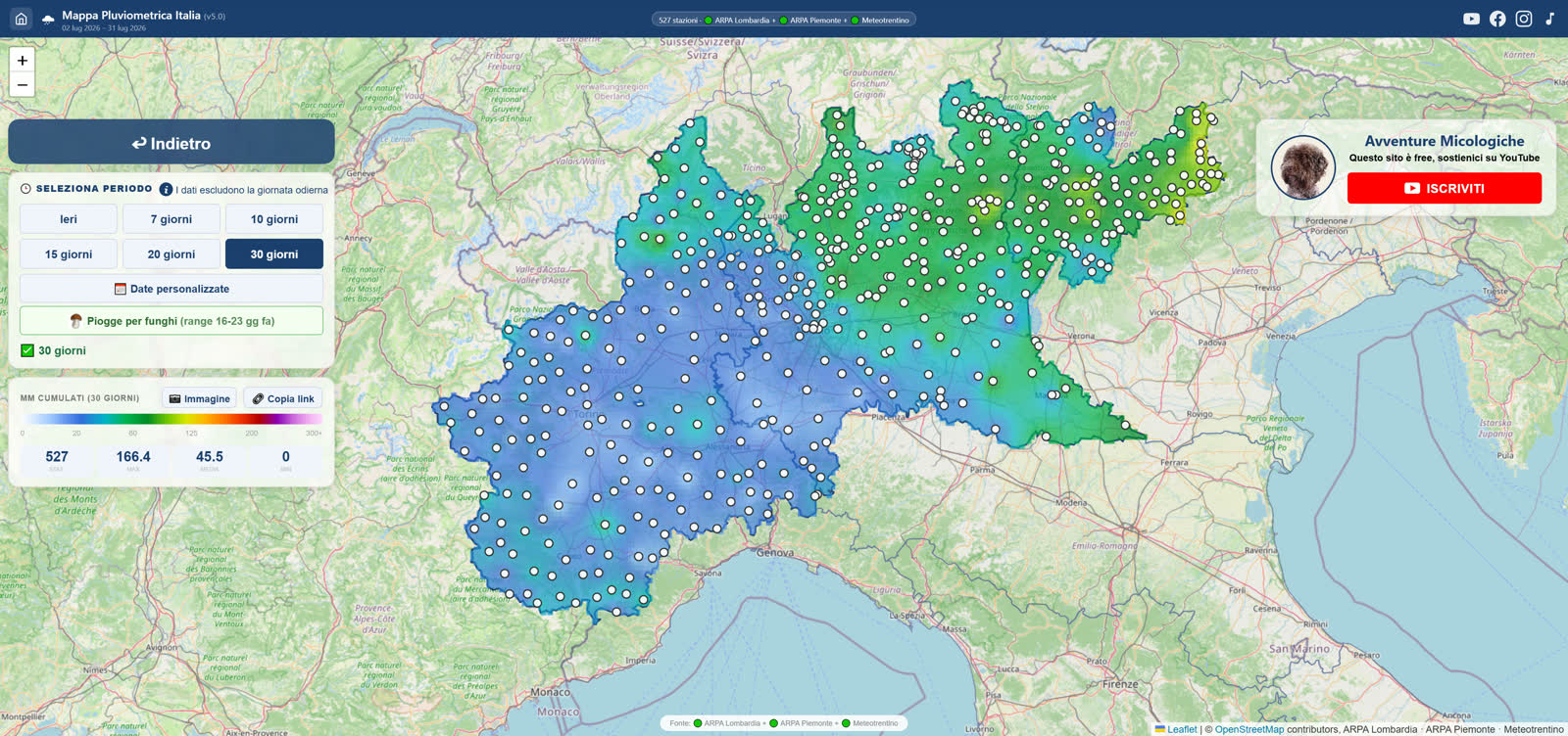 Mappa pluviometrica Nord-Ovest